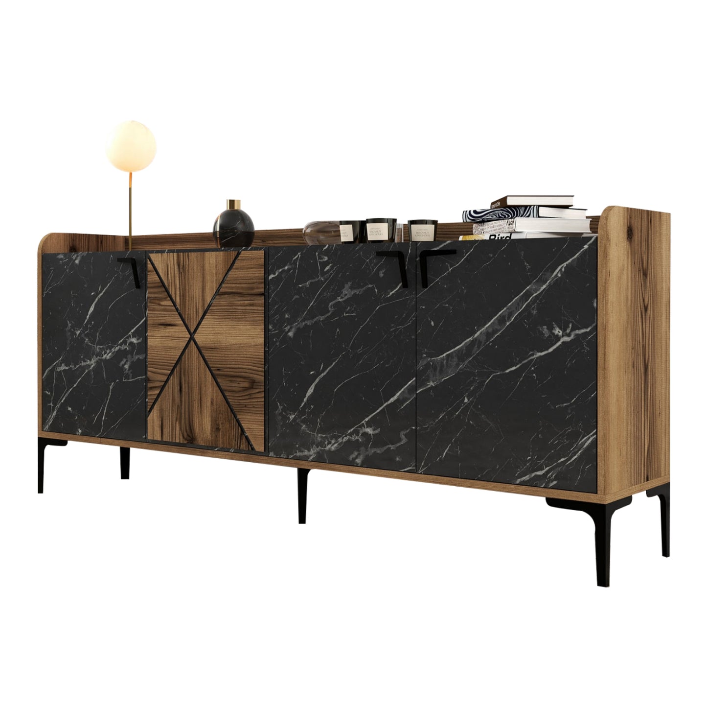 Buffet Melamine Hm9433.03 Walnut With Black Marble-look Doors 180x35x78hcm.