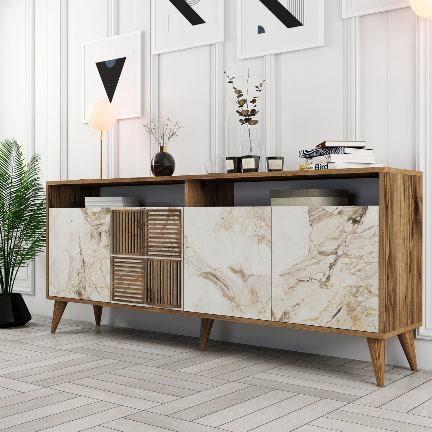 Buffet Melamine In Walnut Color And White Marble-look Doors 180x35x78,6hcm.hm9431.03
