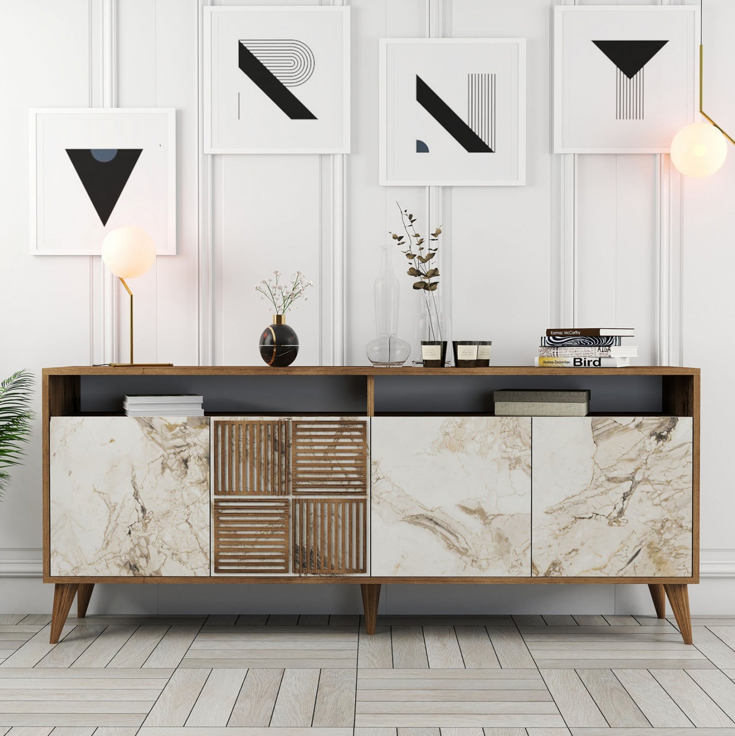 Buffet Melamine In Walnut Color And White Marble-look Doors 180x35x78,6hcm.hm9431.03