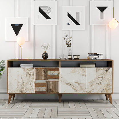 Buffet Melamine In Walnut Color And White Marble-look Doors 180x35x78,6hcm.hm9431.03