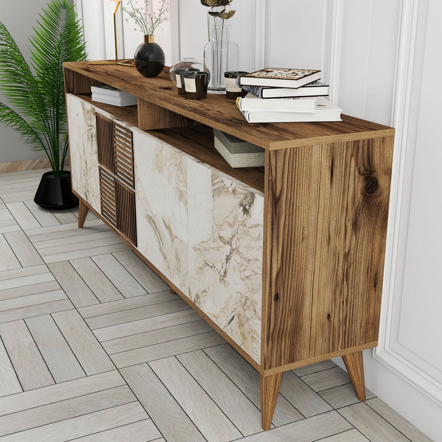 Buffet Melamine In Walnut Color And White Marble-look Doors 180x35x78,6hcm.hm9431.03