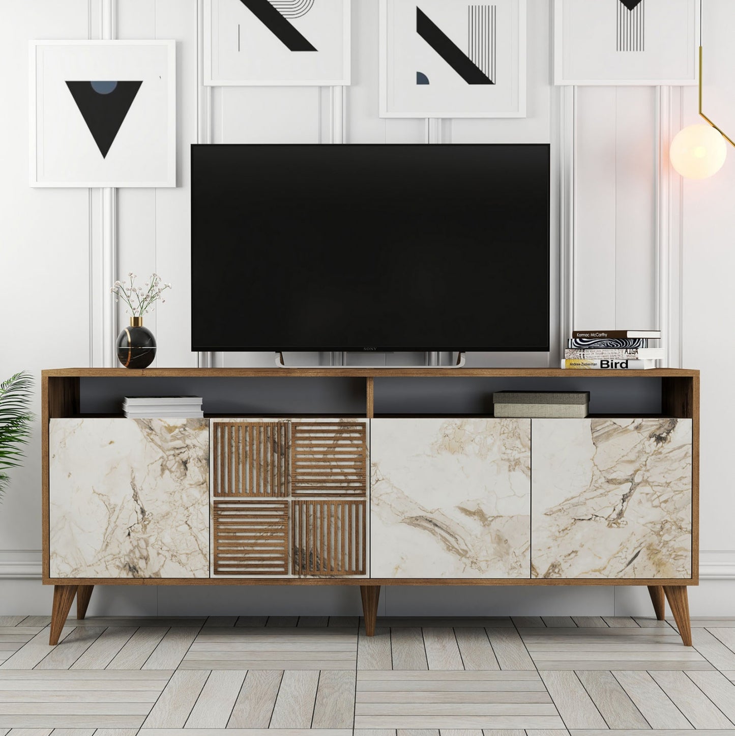 Buffet Melamine In Walnut Color And White Marble-look Doors 180x35x78,6hcm.hm9431.03