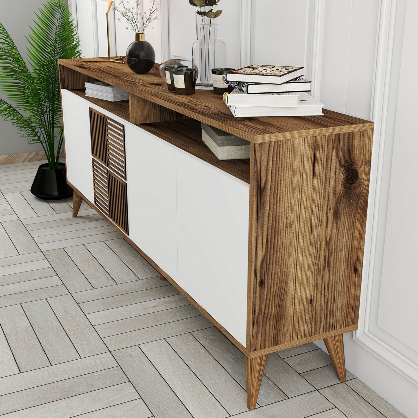 Buffet Melamine In Walnut With White Doors 180x35x78.6hcm.hm9431.02