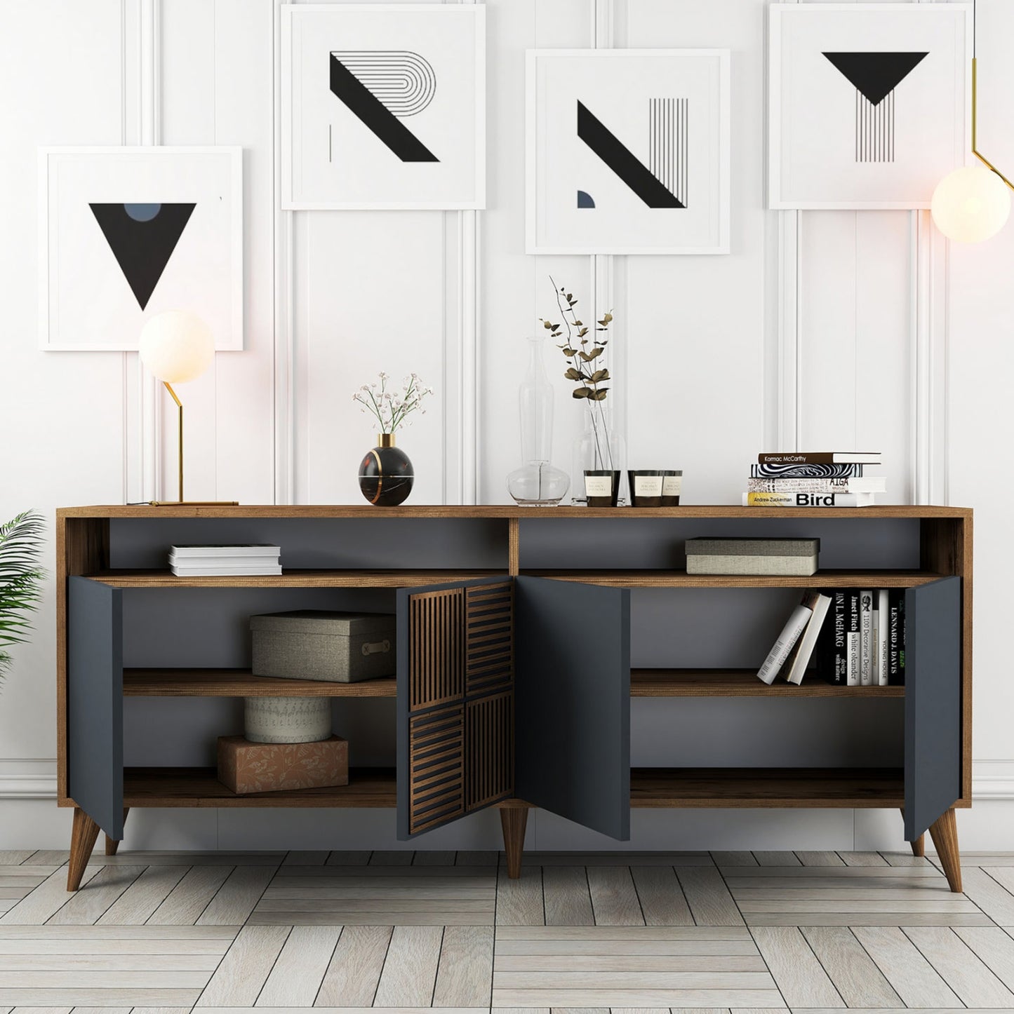 Buffet Melamine In Walnut And Charcoal Grey Doors 180x35x78.6hcm.hm9431.01