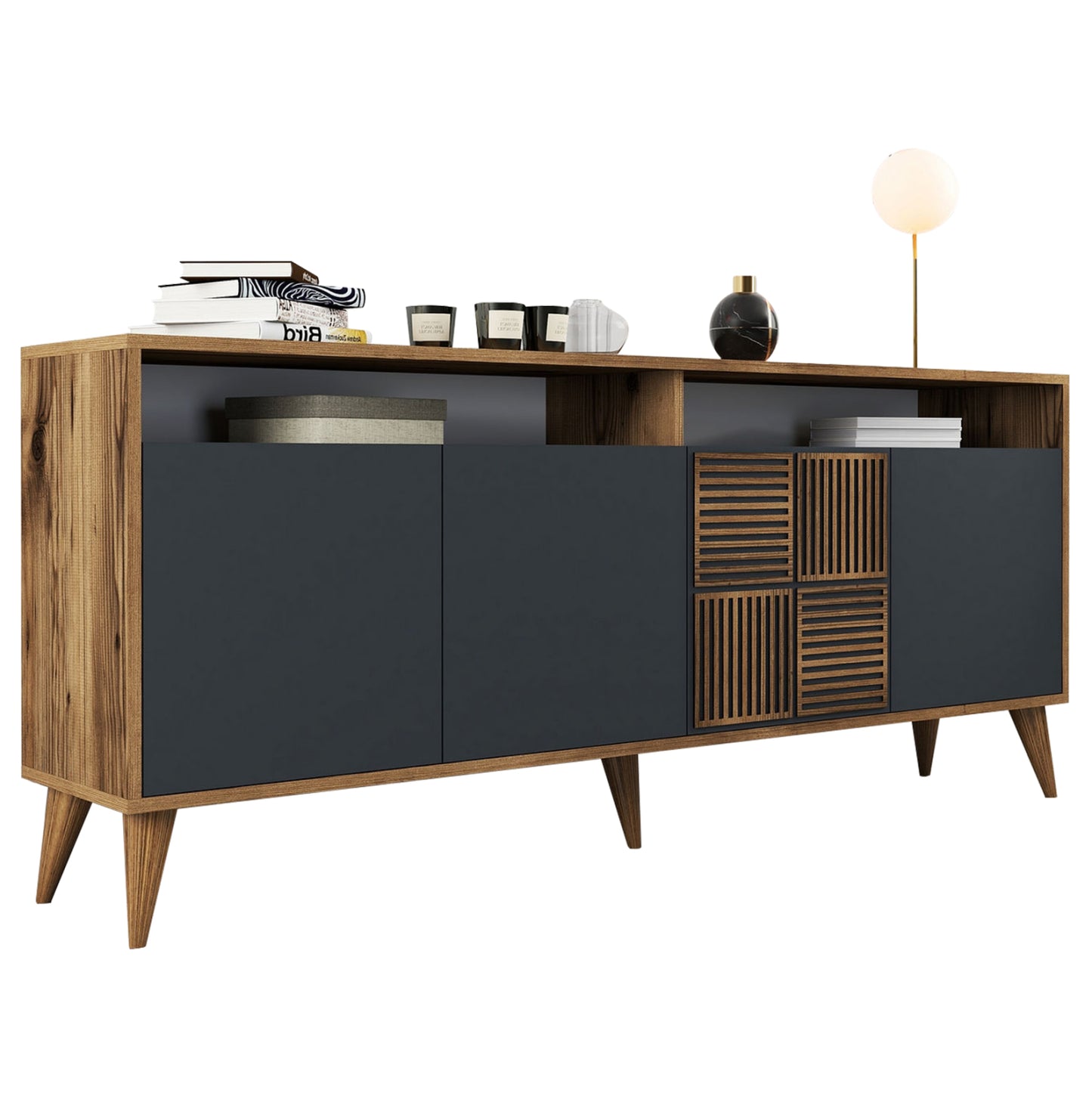 Buffet Melamine In Walnut And Charcoal Grey Doors 180x35x78.6hcm.hm9431.01