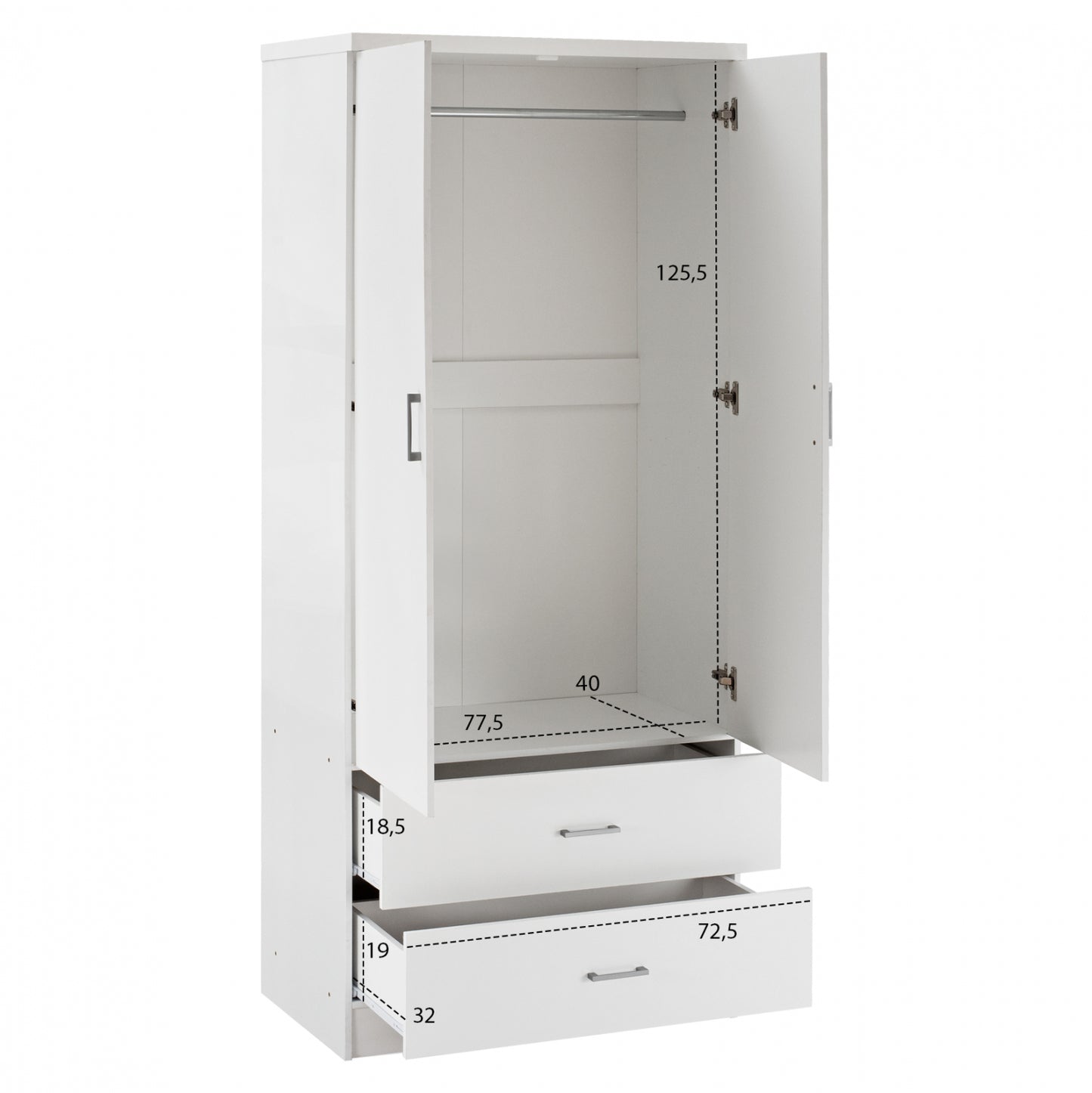 Wardrobe 2 Doors With 2 Drawers Hm338.05 White 80Χ42,5Χ180,5Υ Cm.