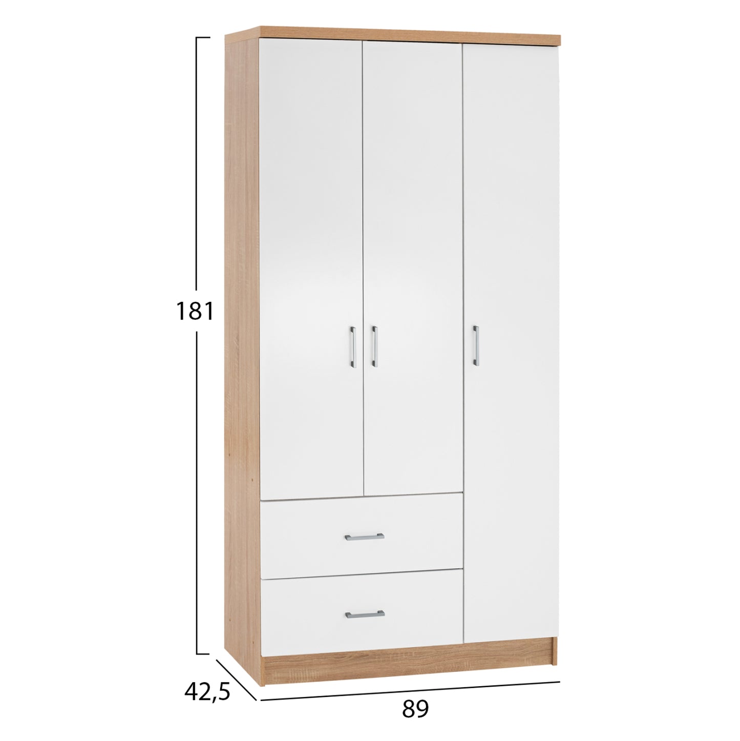 Wardrobe With 3 Doors And 2 Drawers Hm340.06 Sonama-white 89x42,5x181 Cm.