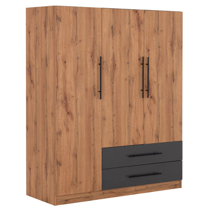 Wardrobe 3-leaf With 2 Drawers Carys Hm746.12 Melamine In Natural/grey 150x55.5x160hcm