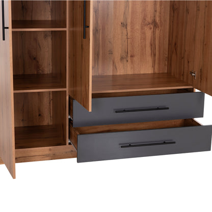 Wardrobe 3-leaf With 2 Drawers Carys Hm746.12 Melamine In Natural/grey 150x55.5x160hcm