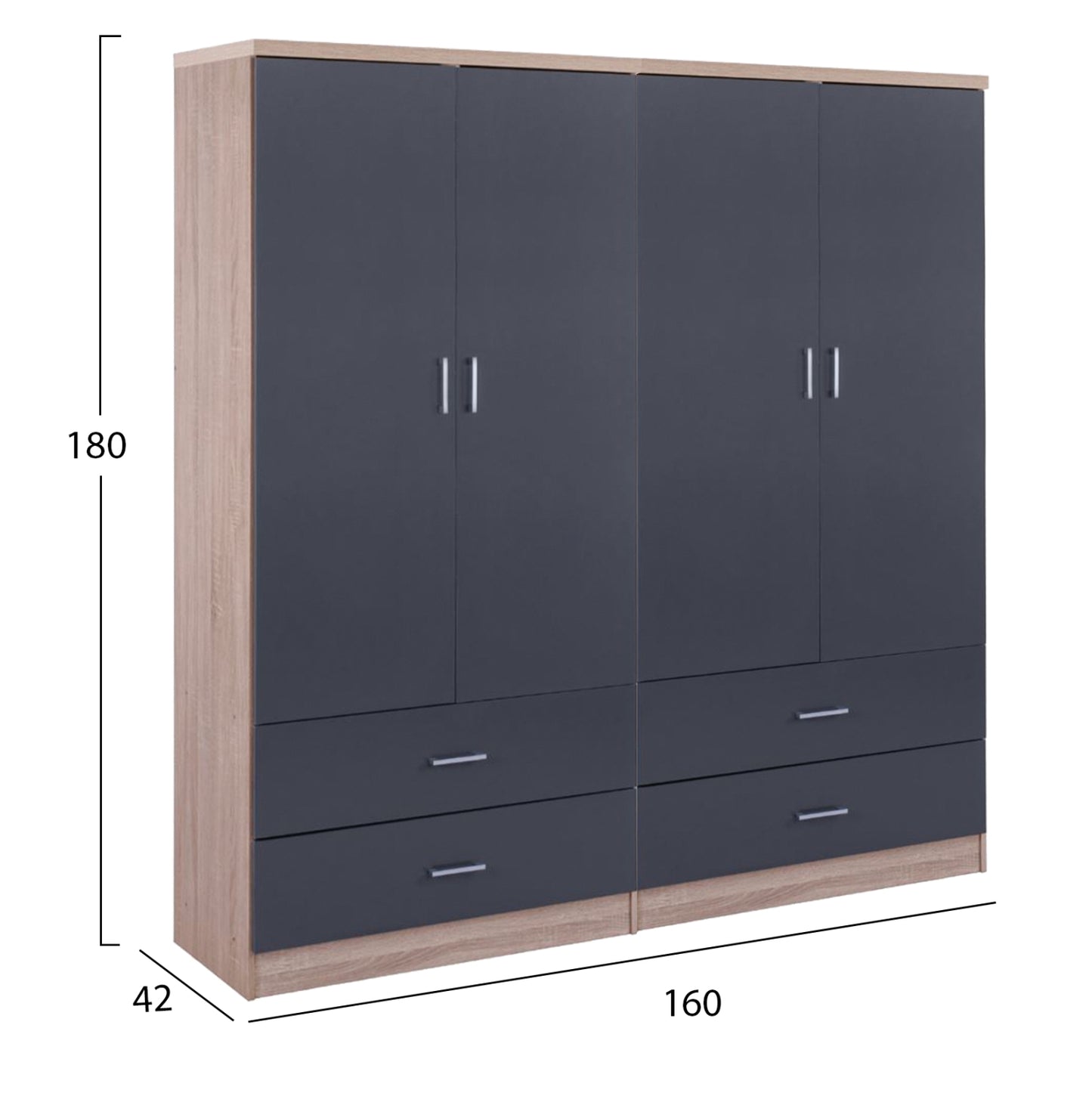 Wardrobe 4-leaf With 4 Drawers Reina Hm21259 Melamine Grey-sonama 160x42x180Η