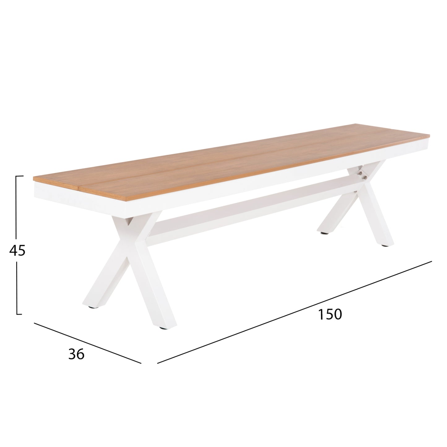 Aluminum Bench Tawnee Hm6038.02 White With Polywood Seat In Natural Wood Color 150x36x45hcm.
