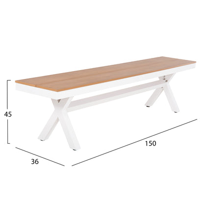 Aluminum Bench Tawnee Hm6038.02 White With Polywood Seat In Natural Wood Color 150x36x45hcm.