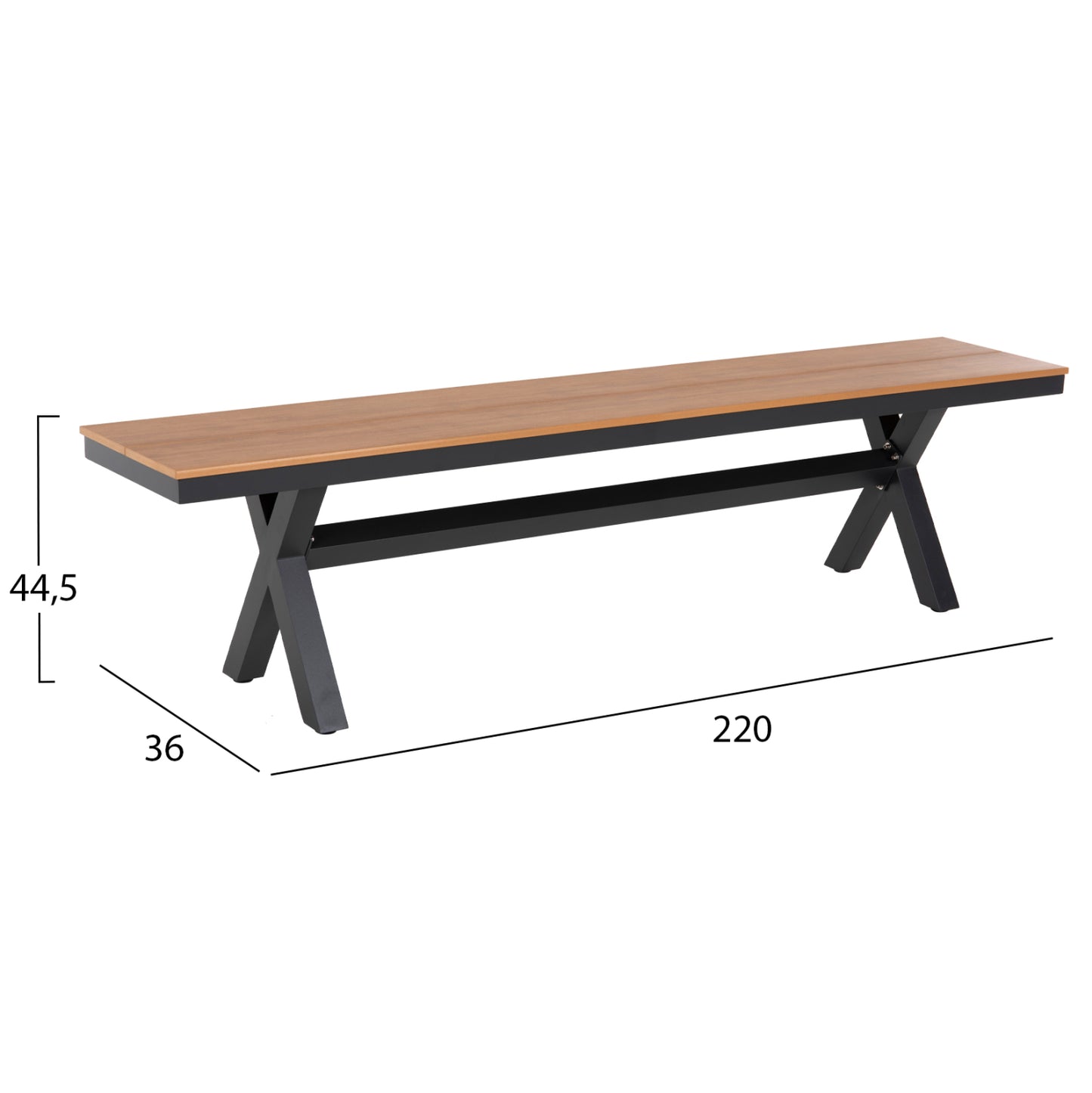 Aluminum Bench Tawnee Hm6040.01 Anthracite- Polywood Seat In Natural Wood Color 220x36x44,5hcm.