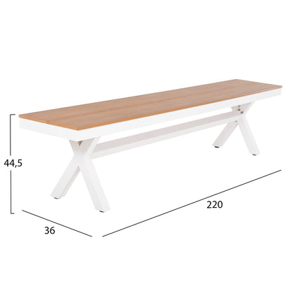 Aluminum Bench Tawnee Hm6040.02 White With Polywood Seat In Natural Wood Color 220x36x44,5hcm.