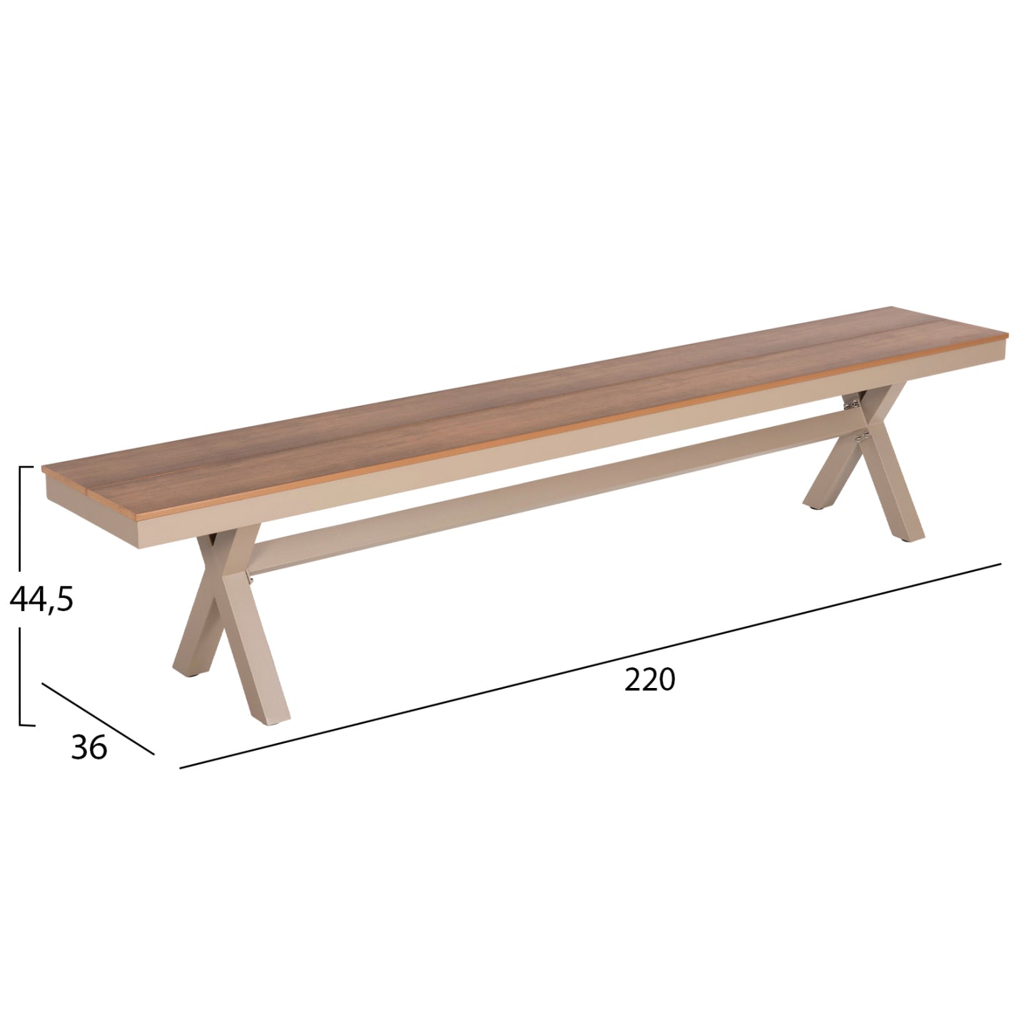 Aluminum Bench Tawnee Hm6040.04 Champagne Color- Polywood Seat In Natural Wood Color 220x36x44,5hcm.