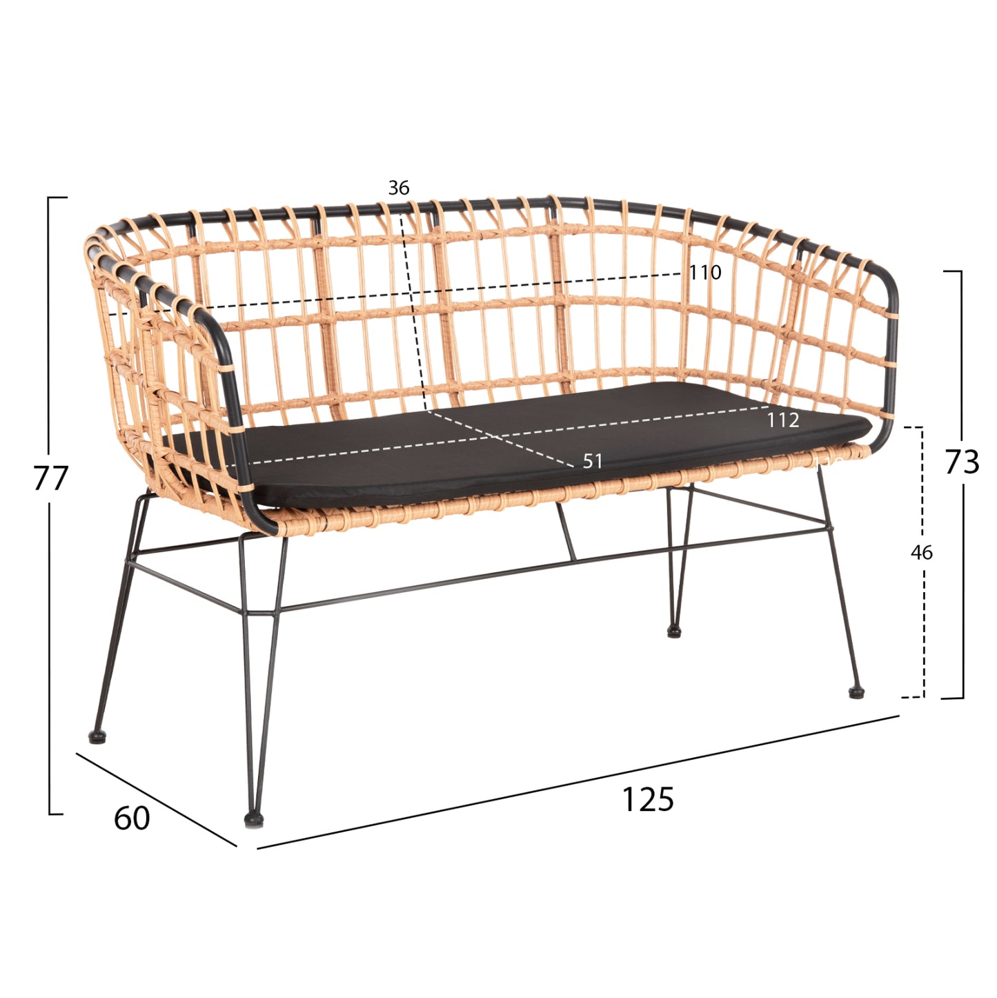 Outdoor Sofa(bench) 2-seater Allegra Hm5692.11 P.e.rattan In Beige-black Metal Frame 125x60x77hcm.