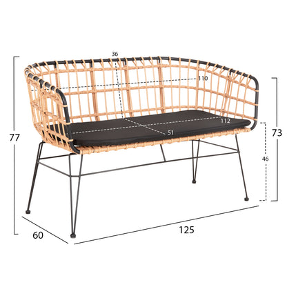Outdoor Sofa(bench) 2-seater Allegra Hm5692.11 P.e.rattan In Beige-black Metal Frame 125x60x77hcm.