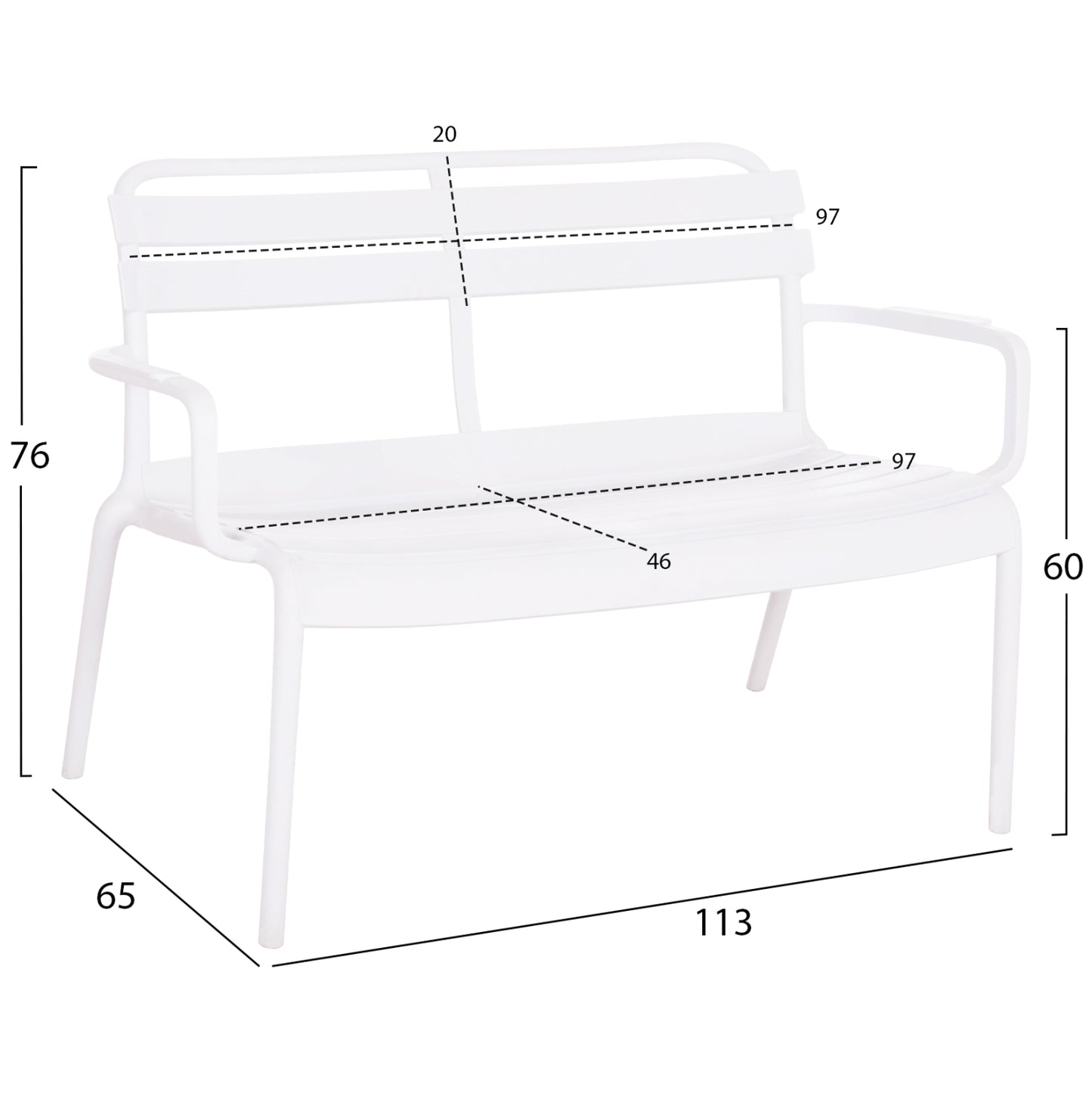 Polypropylene 2-seater Bench Korver Hm6332.01 White 113x65x76hcm.