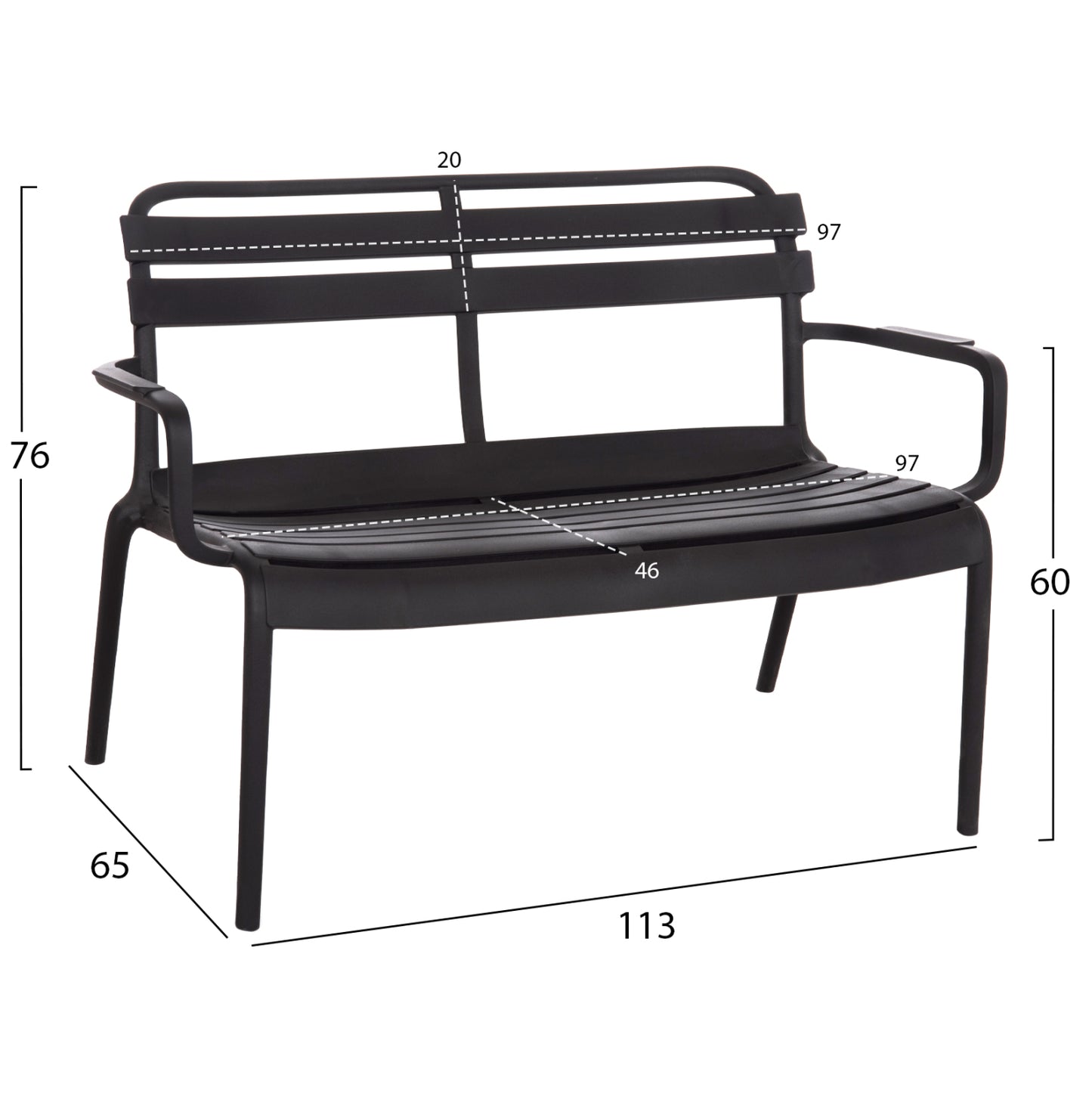 Polypropylene 2-seater Bench Korver Hm6332.02 Black 113x65x76hcm.