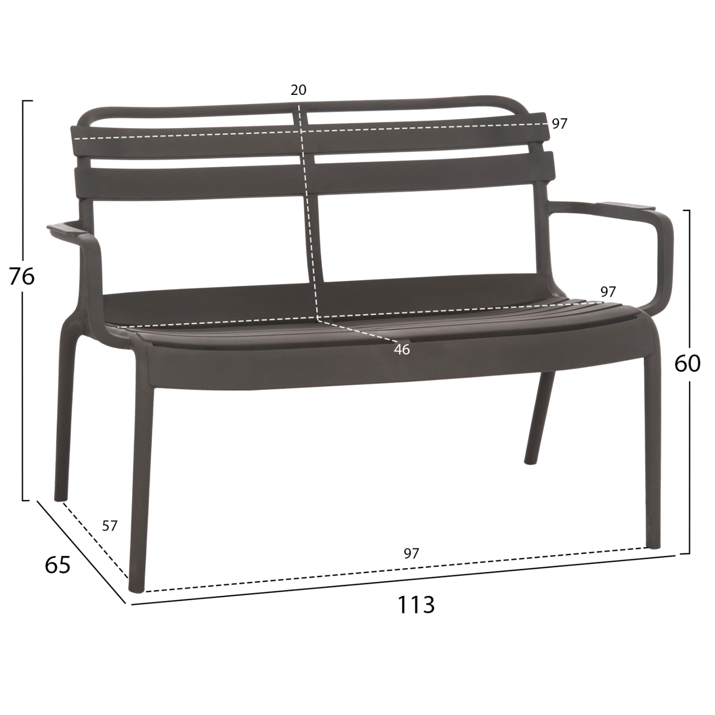 Polypropylene 2-seater Bench Korver Hm6332.05 Dark Olive Green 113x65x76hcm.