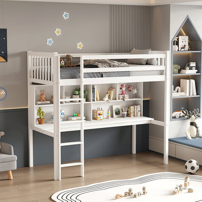 Children's Bunkbed T.montessori With Desk & Bookcase Libro Hm708.03 Pine Wood In White- 90x190cm.