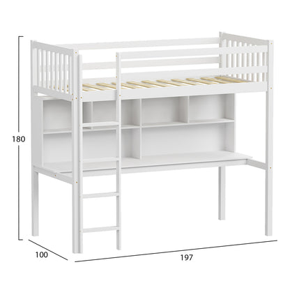 Children's Bunkbed T.montessori With Desk & Bookcase Libro Hm708.03 Pine Wood In White- 90x190cm.