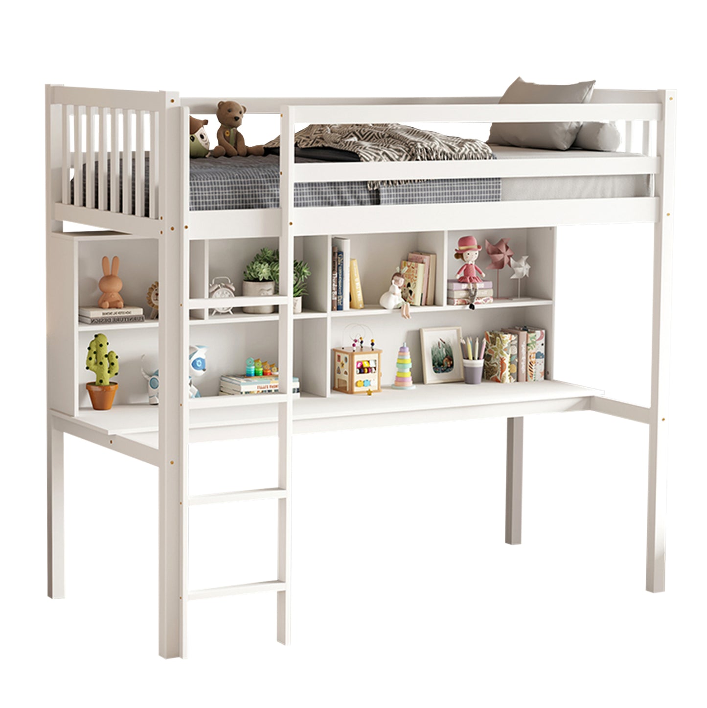 Children's Bunkbed T.montessori With Desk & Bookcase Libro Hm708.03 Pine Wood In White- 90x190cm.