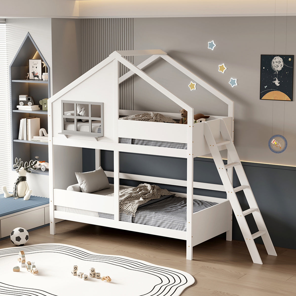 Children's Bunkbed T.montessori Combo Hm707.03 Solid Pine Wood In White- 190x90cm.