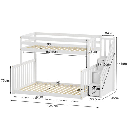 Kid's Bunkbed T.montessori Beamer Hm711.03 Pine Wood In White-mattresses 90-140x190cm.