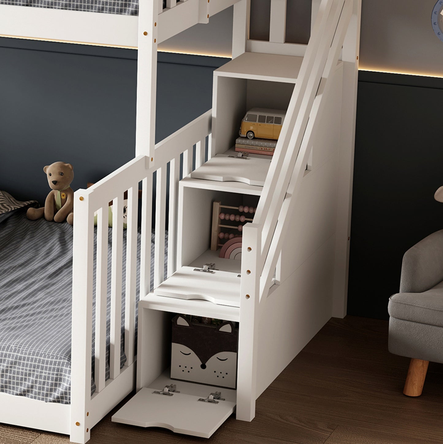 Kid's Bunkbed T.montessori Beamer Hm711.03 Pine Wood In White-mattresses 90-140x190cm.