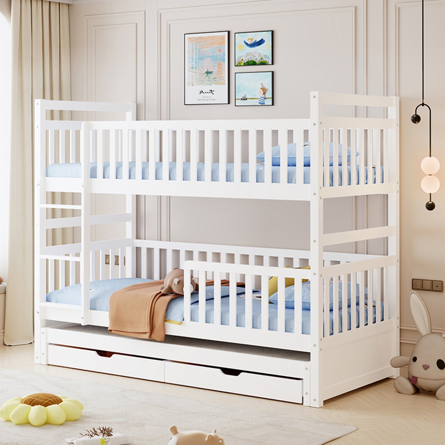Children's Bunkbed With 3 Beds & 2 Drawers Triplon Hm709.03 Pine Wood 90x190-200cm