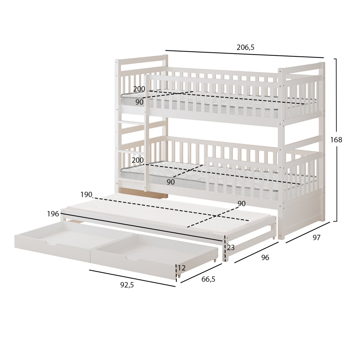 Kids' Bunk Bed With Mattresses & Drawers Triplon Hm21318 Pine Wood In White 207x97x168hcm.