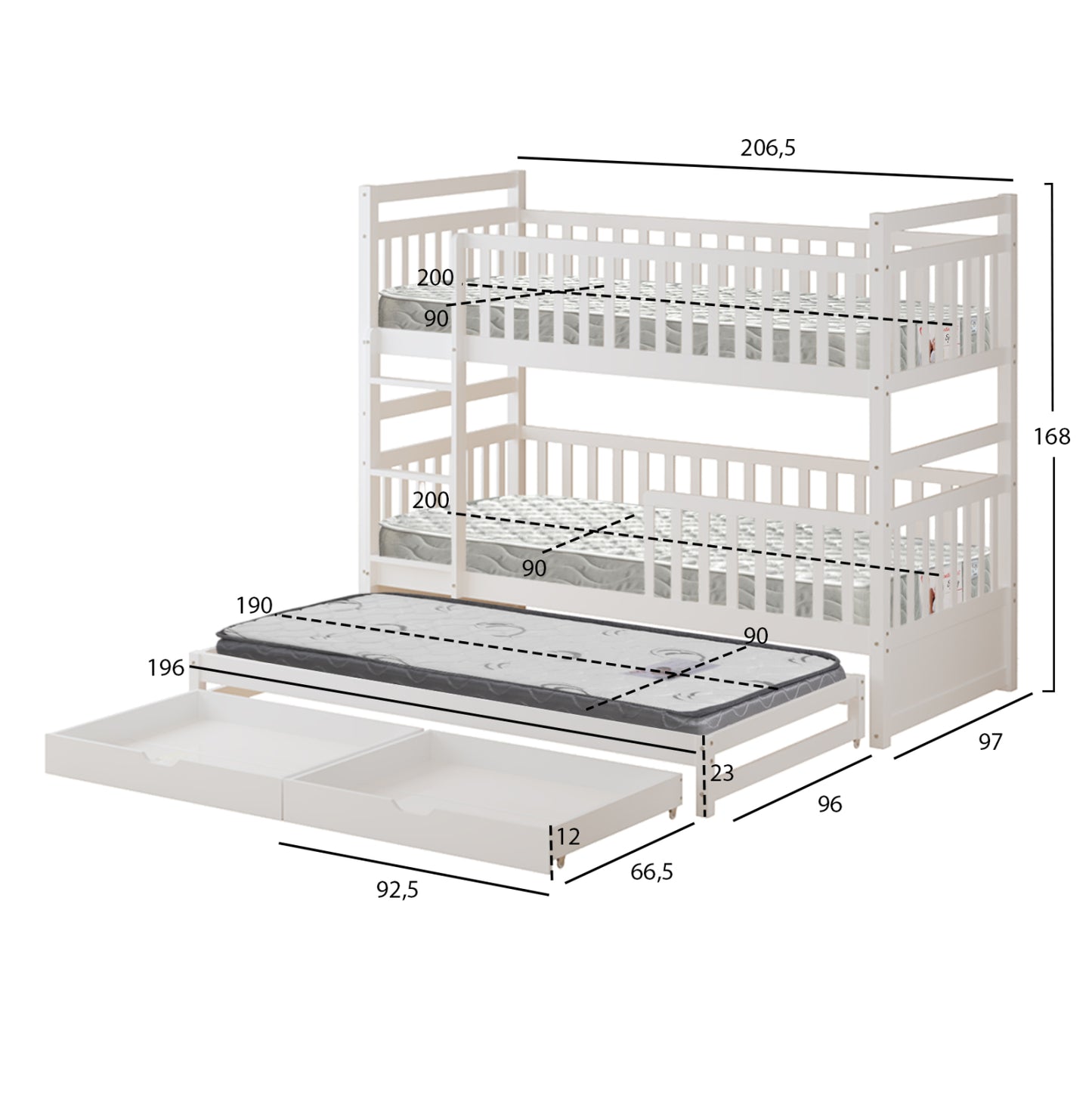 Kids' Bunk Bed With Mattresses & Drawers Triplon Hm10996 Pine Wood In White 207x97x168hcm.