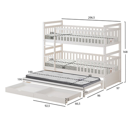 Kids' Bunk Bed With Mattresses & Drawers Triplon Hm10996 Pine Wood In White 207x97x168hcm.