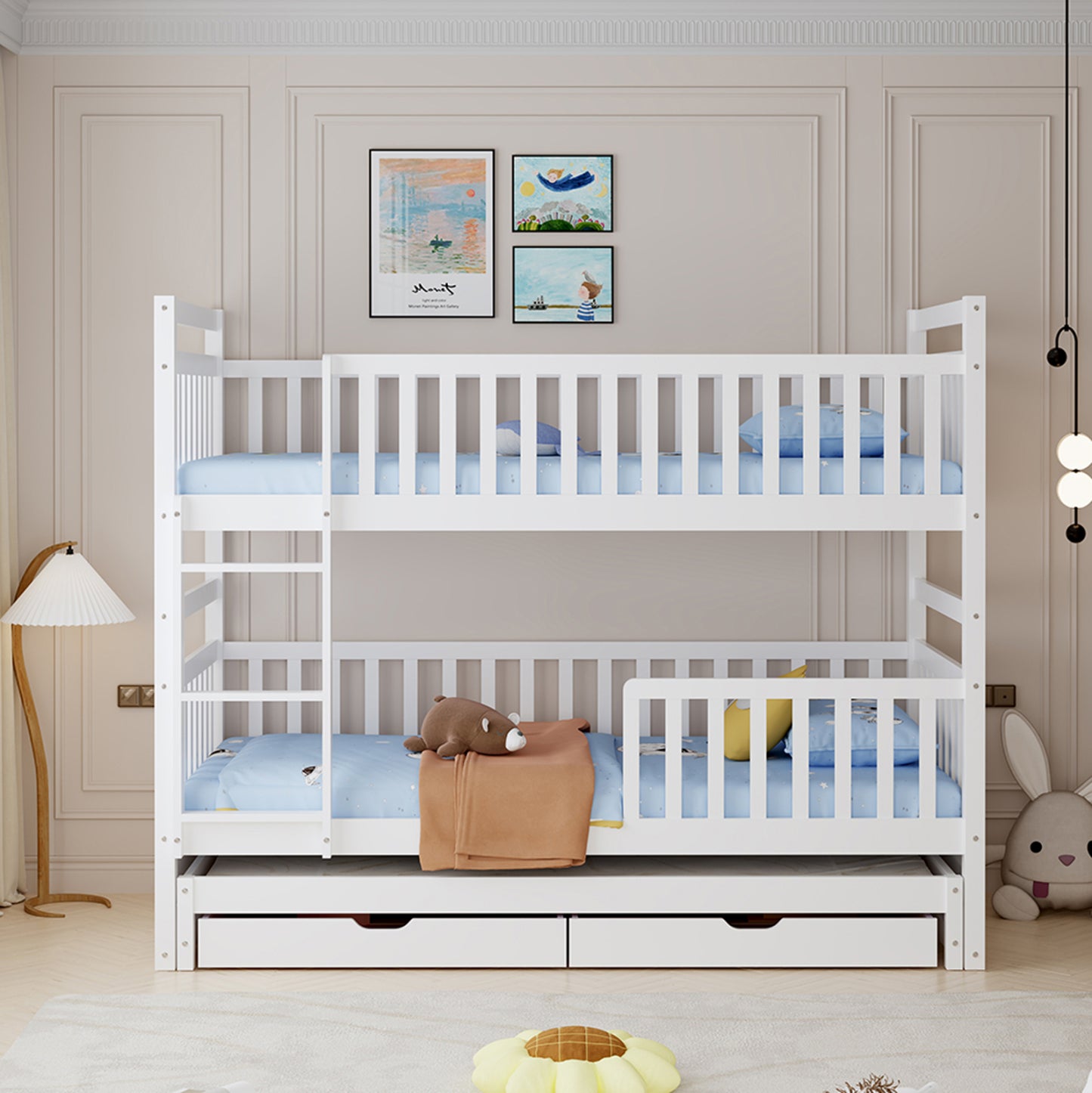 Kids' Bunk Bed With Mattresses & Drawers Triplon Hm21318 Pine Wood In White 207x97x168hcm.