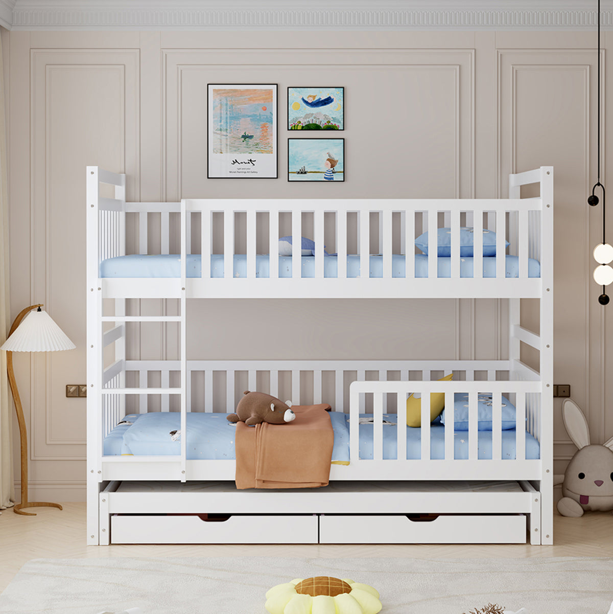 Kids' Bunk Bed With Mattresses & Drawers Triplon Hm10996 Pine Wood In White 207x97x168hcm.