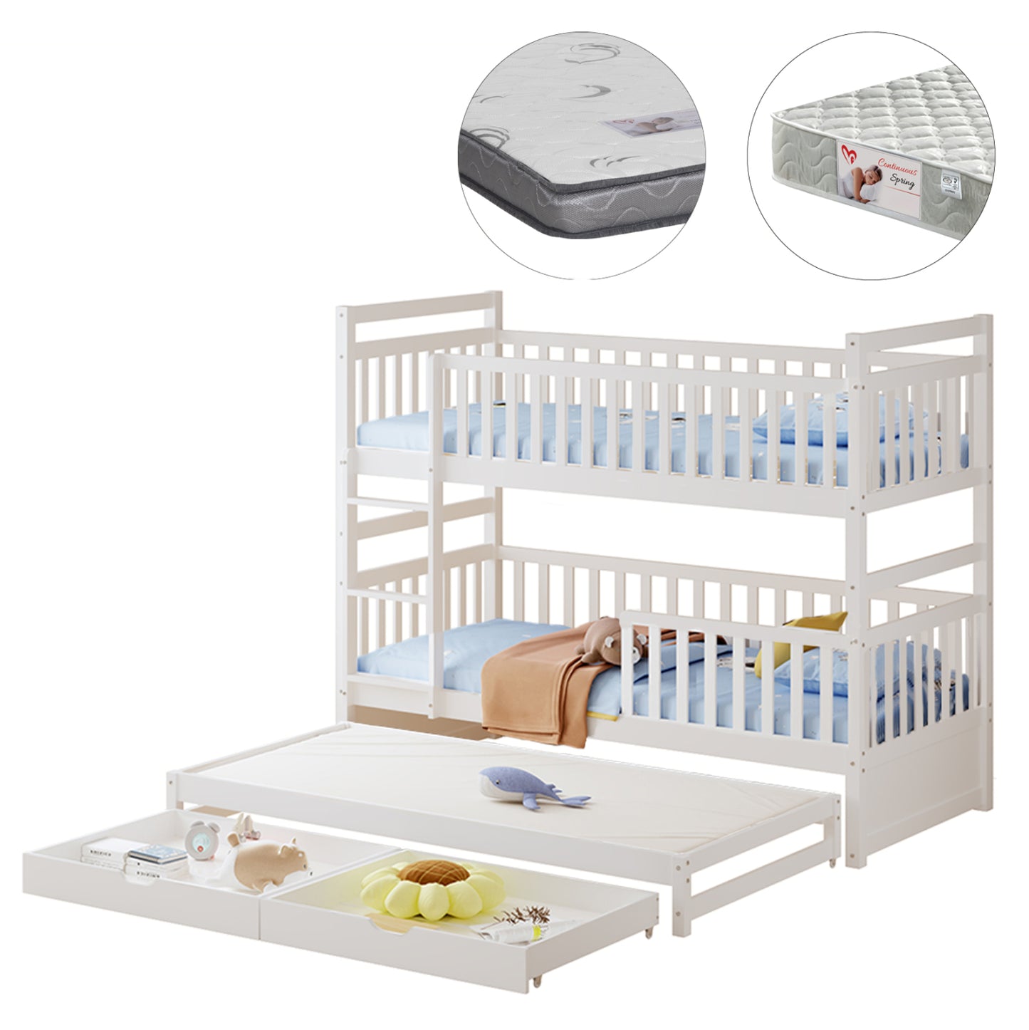 Kids' Bunk Bed With Mattresses & Drawers Triplon Hm10996 Pine Wood In White 207x97x168hcm.