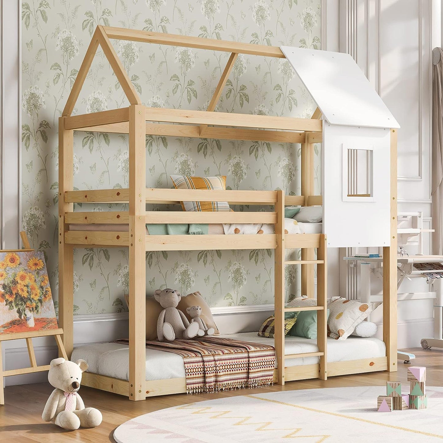 Children's Bunkbed T.montessori Hood Hm705.01 Pine Wood In Natural-mattresses 190x90cm.