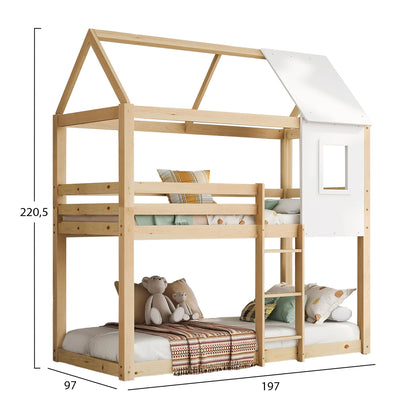 Children's Bunkbed T.montessori Hood Hm705.01 Pine Wood In Natural-mattresses 190x90cm.