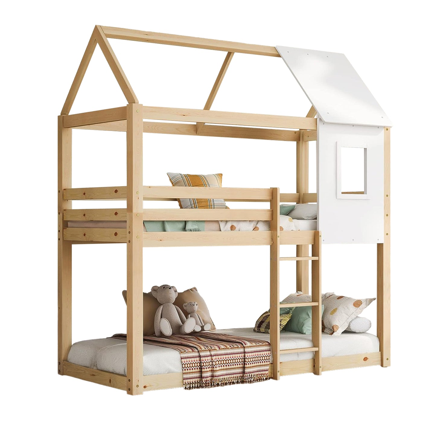 Children's Bunkbed T.montessori Hood Hm705.01 Pine Wood In Natural-mattresses 190x90cm.