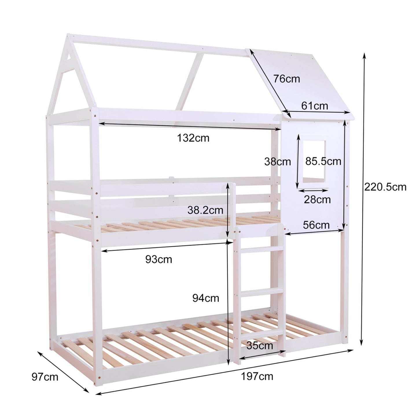 Children's Bunkbed T.montessori Hood Hm705.03 Pine Wood In White-mattresses 190x90cm.