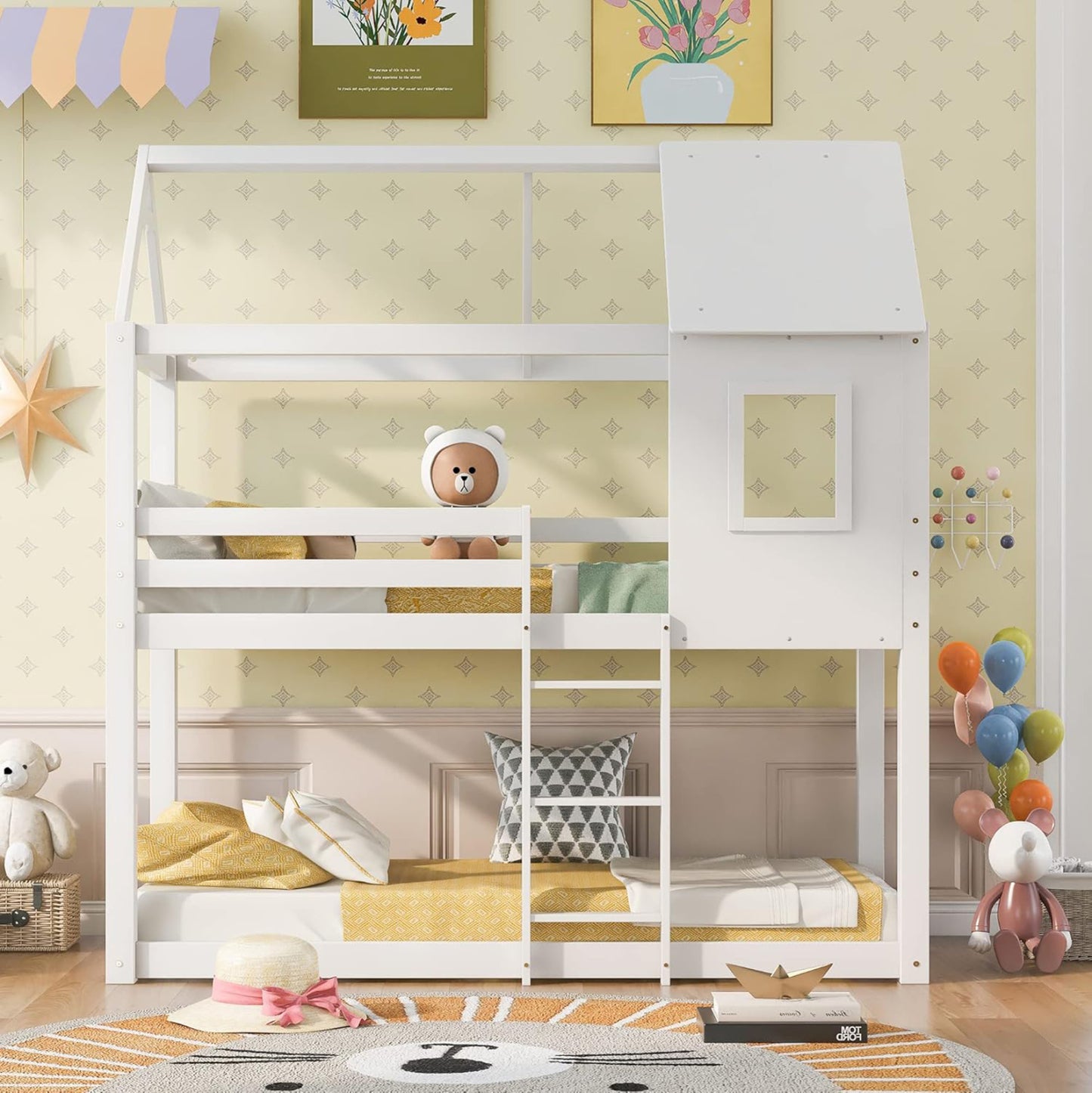 Children's Bunkbed T.montessori Hood Hm705.03 Pine Wood In White-mattresses 190x90cm.