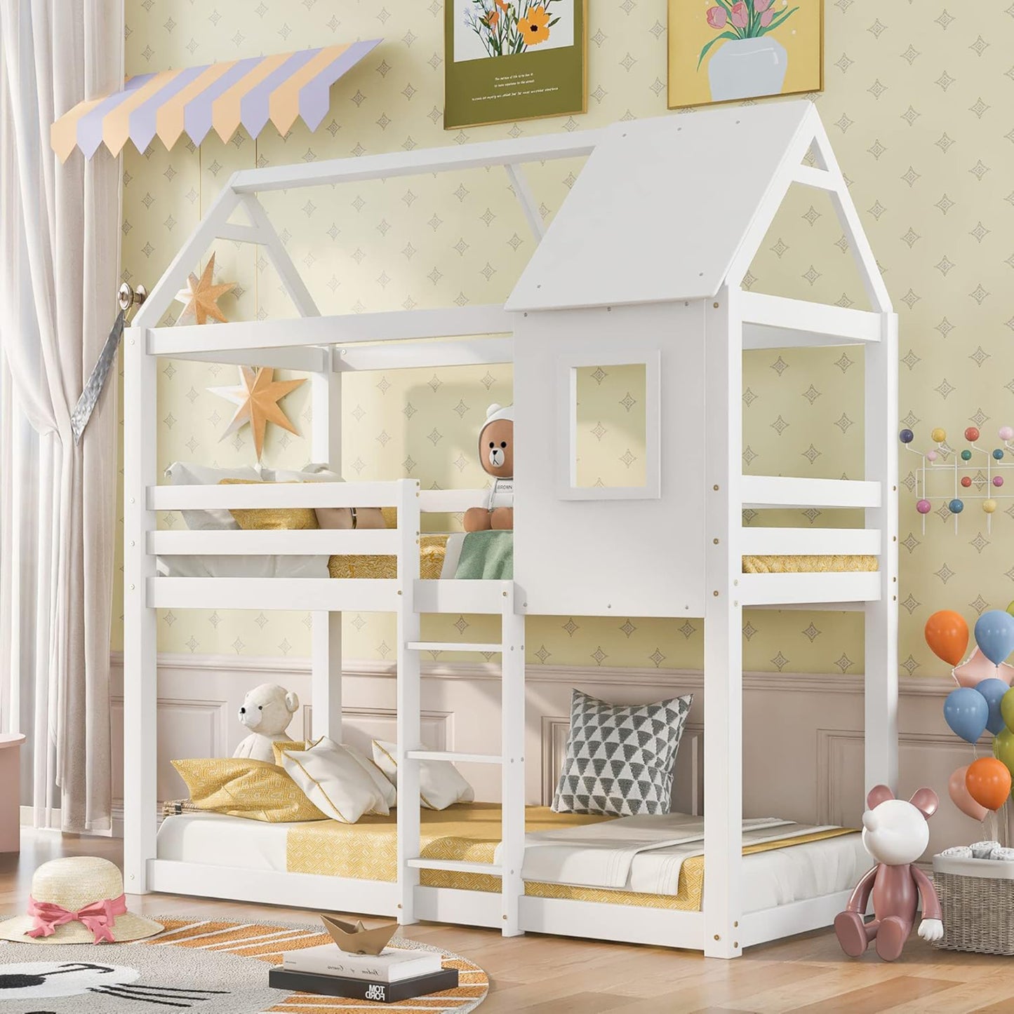 Children's Bunkbed T.montessori Hood Hm705.03 Pine Wood In White-mattresses 190x90cm.