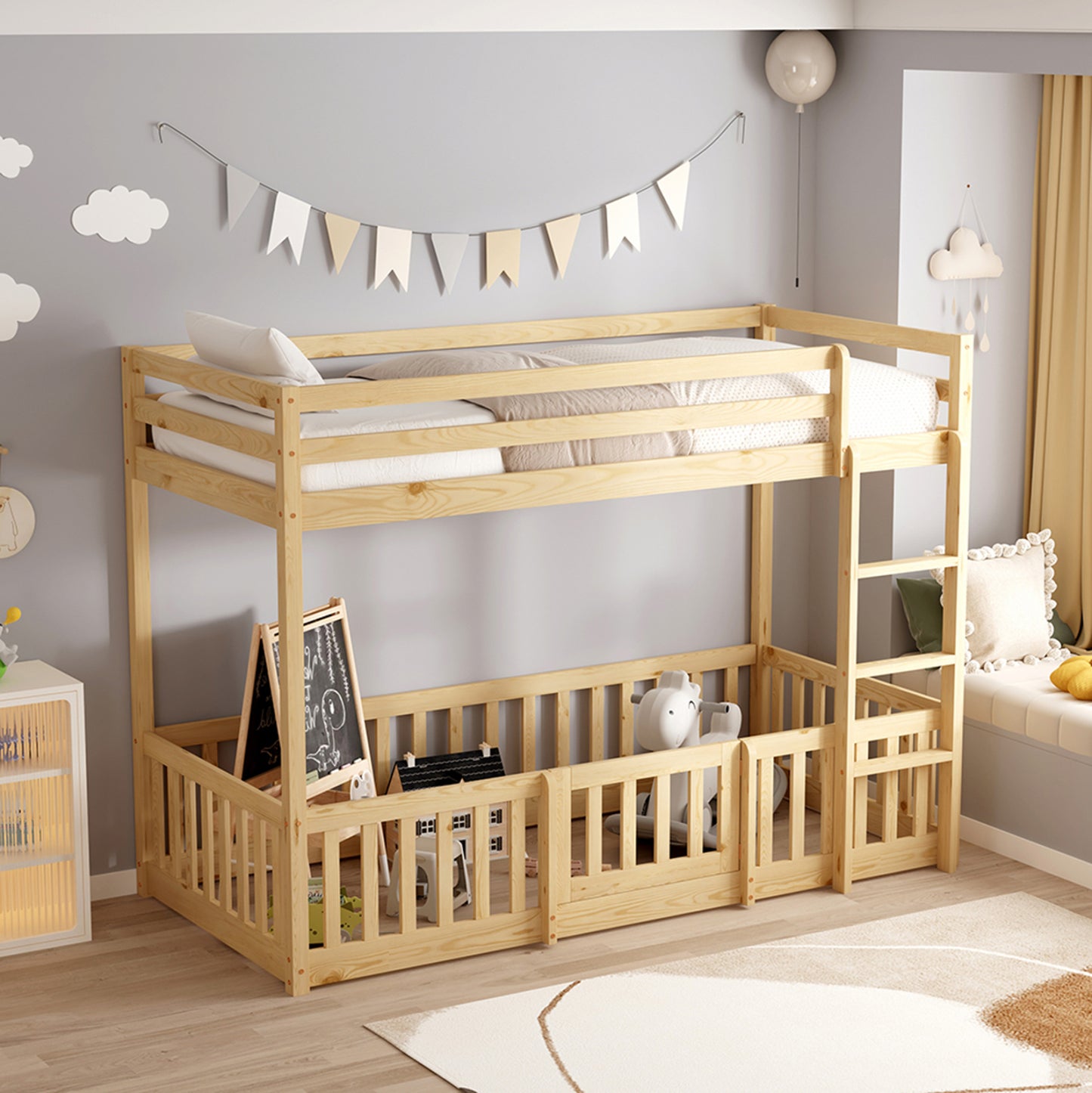 Children's Bunkbed T.montessori Playkid With Playpark Hm703.01 Pine Wood In Natural For 190x90cm..