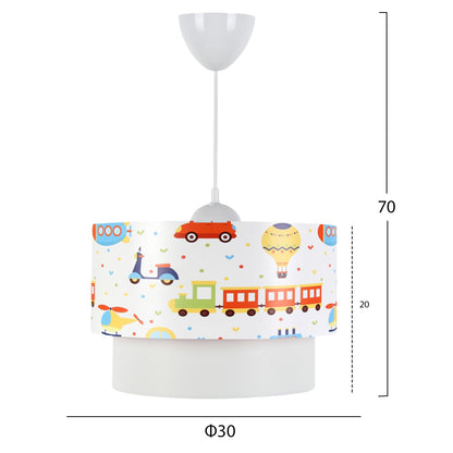 Pendant Ceiling Lamp Hm7573.01 Kids’ Room Double White Drum Shade With Multicolored Transport Toy Figures