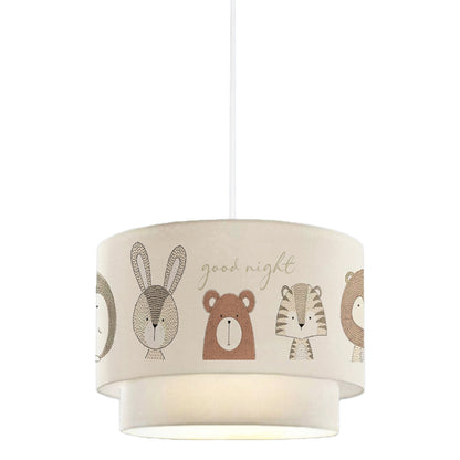 Pendant Ceiling Lamp Baloo Hm7572.02 Kids’ Room Double White Drum Shade With Multicolored Animal Figures