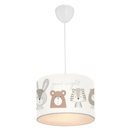 Kid's Room Ceiling Pendant Lamp Fb97576.01 Cylindrical Cap Fabric White With Cute Animal Figures Φ24x70cm