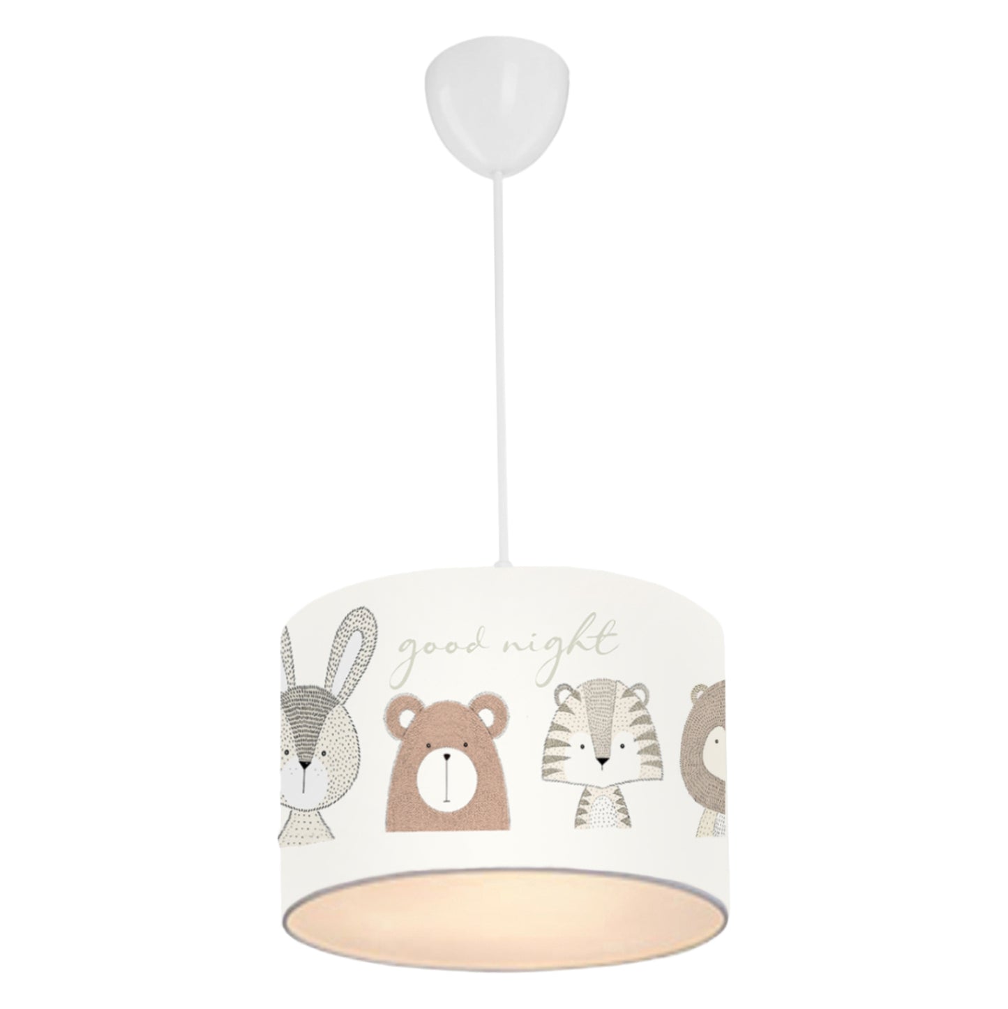 Kid's Room Ceiling Pendant Lamp Fb97576.01 Cylindrical Cap Fabric White With Cute Animal Figures Φ24x70cm