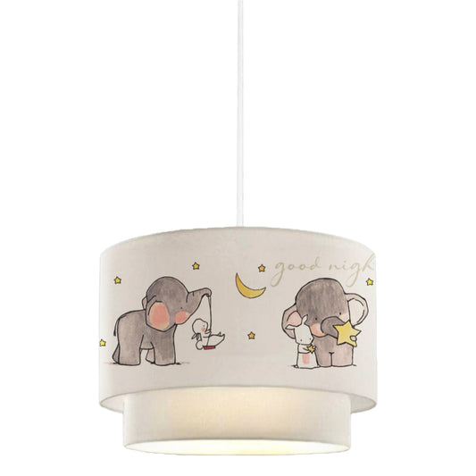 Pendant Ceiling Lamp Baloo Hm7572.01 Kids’ Room Double Drum Shade With Elephant Figures- White
