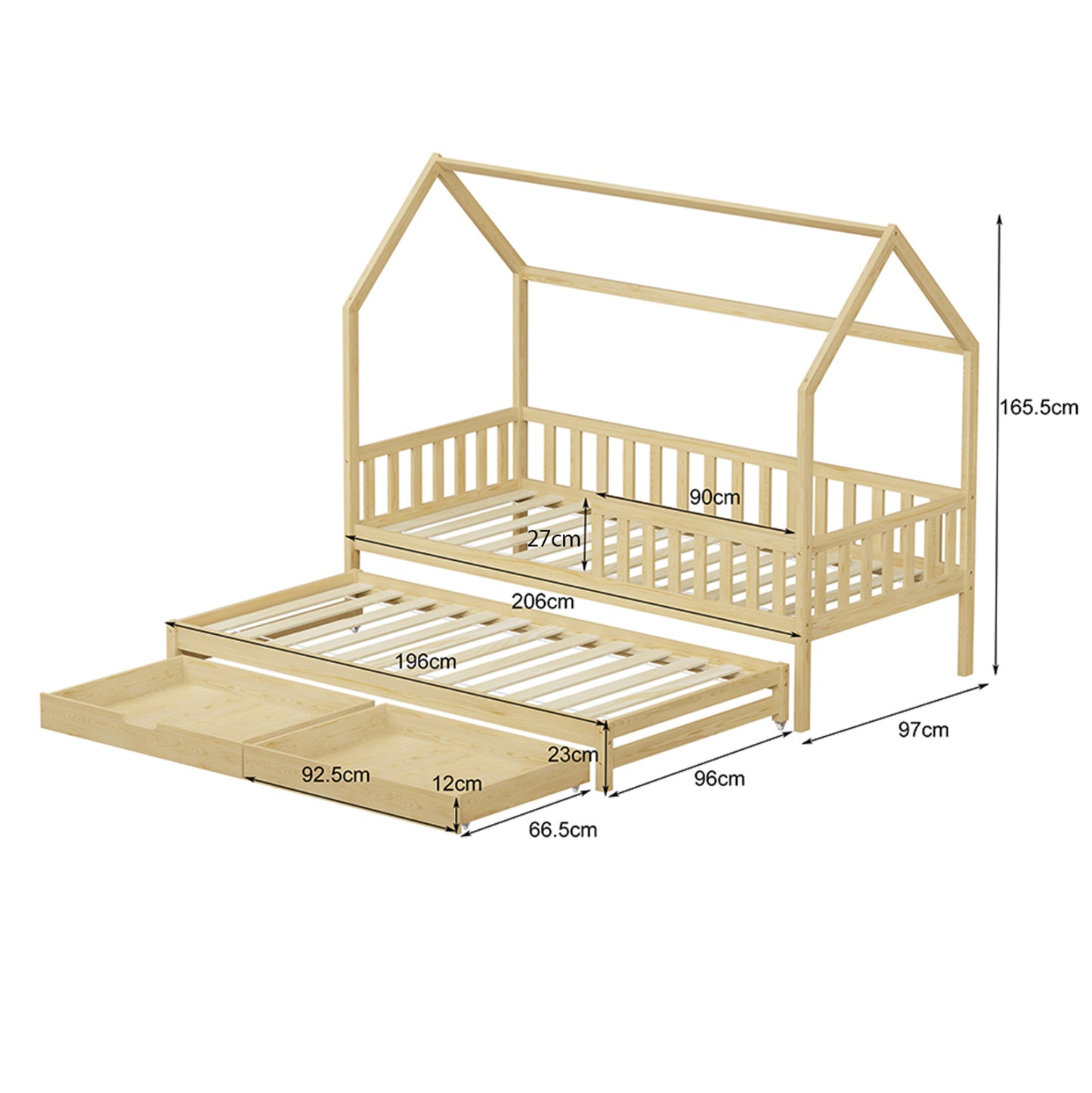 Kid's Bed With Retractable Second Bed & Drawers Phyllis Hm723.01 Pine Wood In Natural 206x97x166hcm.